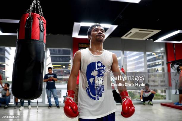 Manny Pacquiao looks on during a training session at Elorde boxing Gym on May 19, 2017 in Manila, Philippines.
