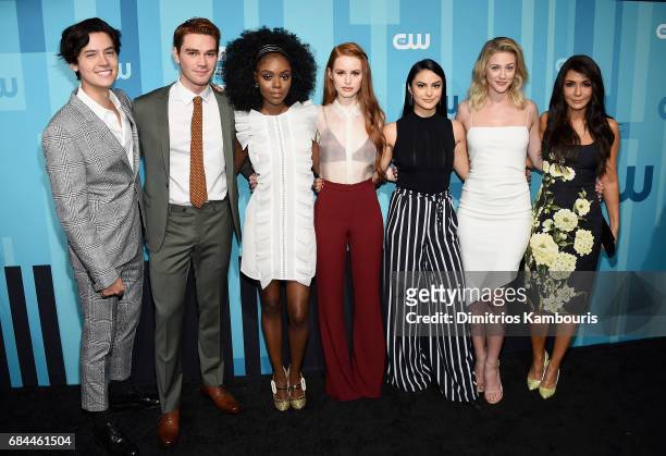 Cole Sprouse, KJ Apa, Ashleigh Murray, Madelaine Petsch, Camila Mendes and Marisol Nichols attend the 2017 CW Upfront on May 18, 2017 in New York...