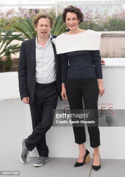 Mathieu Amalric and Jeanne Balibar attend "Barbara" Photocall during the 70th annual Cannes Film Festival at Palais des Festivals on May 18, 2017 in...
