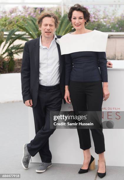 Mathieu Amalric and Jeanne Balibar attend "Barbara" Photocall during the 70th annual Cannes Film Festival at Palais des Festivals on May 18, 2017 in...