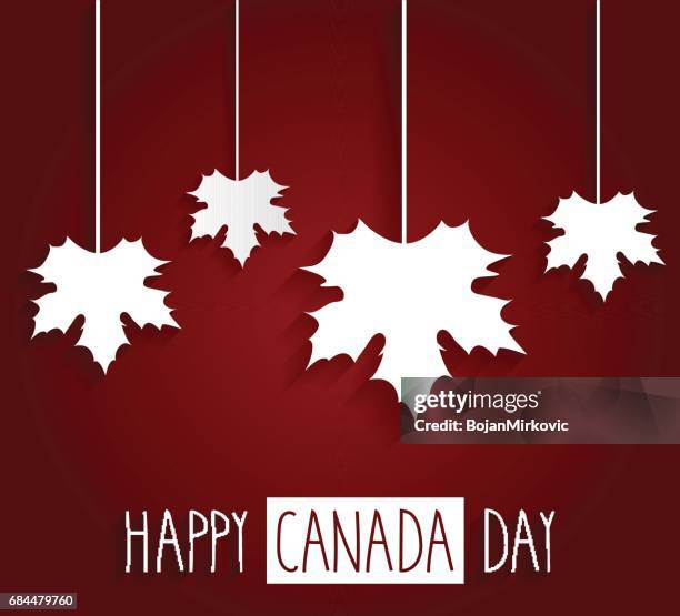 happy canada day handwritten text with hanging leafs - canadians celebrate national day of independence stock illustrations