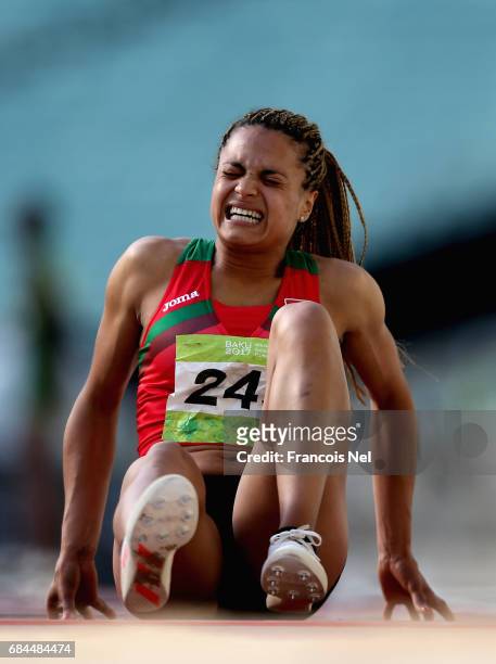 Sanea Zouine of Marocco reacts after after picking up an injury during day seven of Baku 2017 - 4th Islamic Solidarity Games at the Baku Olympic...