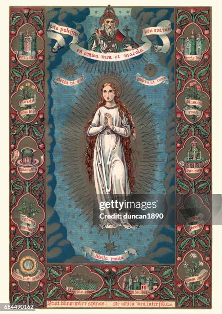 ilustraciones, imágenes clip art, dibujos animados e iconos de stock de la santísima virgen maría - virgin mary