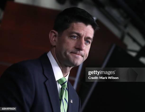 House Speaker Paul Ryan speaks to the media during his weekley briefing on Capitol Hill, on May 18, 2017 in Washington, DC.