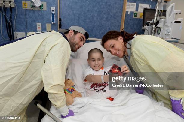 Boston Cannons James Fahey, and Josh Hawkins visit Mateo at Boston Children's Hospital on May 18, 2017 in Boston, Massachusetts.