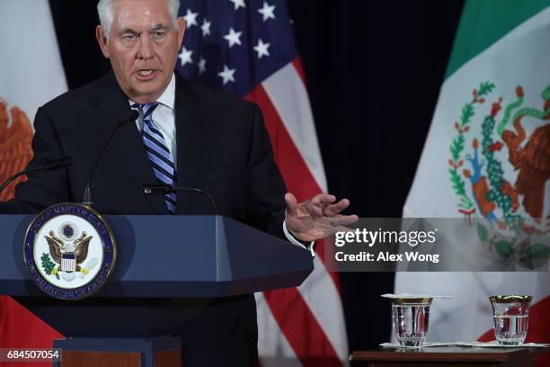 Secretary of State Rex Tillerson participates in a media availability May 18, 2017 at the State Department in Washington, DC. The State Department...