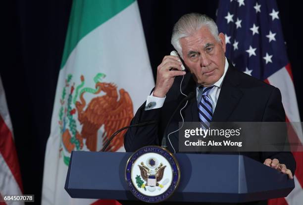 Secretary of State Rex Tillerson participates in a media availability May 18, 2017 at the State Department in Washington, DC. The State Department...