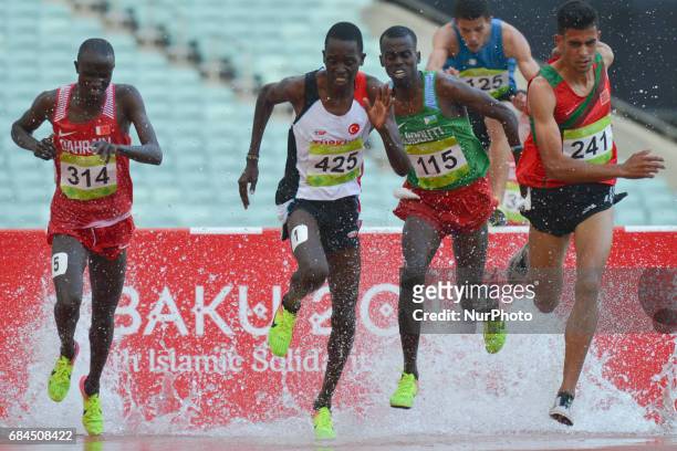 Mohamed Tindouft of Morocco controles the race in Men's 3000m Steeplechase final, during an athletic event at Baku 2017 - 4th Islamic Solidarity...