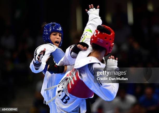 Soukayna El Aouni of Morocco competes against Umida Abdullaeva of Uzbekistan in the Womens Taekwondo -62kg Semi Final during day seven of Baku 2017 -...