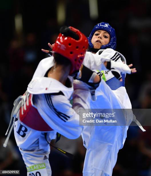 Soukayna El Aouni of Morocco competes against Umida Abdullaeva of Uzbekistan in the Womens Taekwondo -62kg Semi Final during day seven of Baku 2017 -...