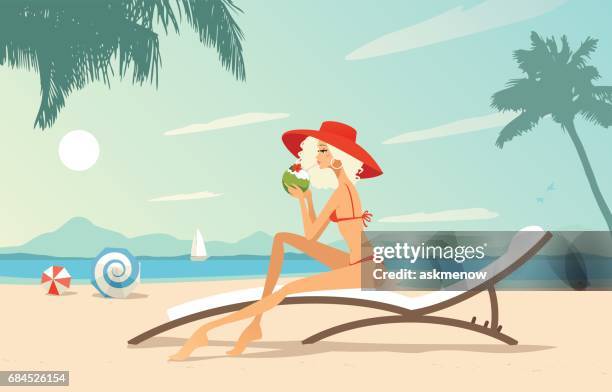 ilustrações de stock, clip art, desenhos animados e ícones de young woman relaxing on the beach - cadeira de recosto