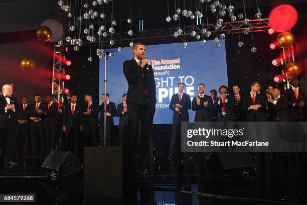 Arsenal captain Per Mertesacker speaks before 'A Night To Inspire' The Arsenal Foundation Charity Ball at Emirates Stadium on May 18, 2017 in London,...
