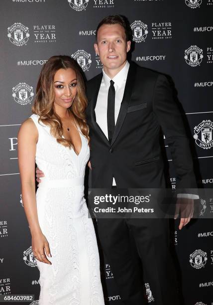 Phil Jones of Manchester United and his partner arrive at the club's annual Player of the Year awards at Old Trafford on May 18, 2017 in Manchester,...