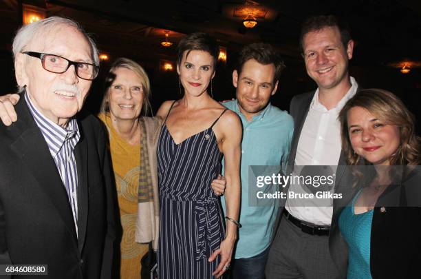 Thomas Meehan, Caroline Meehan, Jenn Colella, Chad Kimball, David Hein and Irene Sankoff pose backstage at the hit musical "Come From Away" on...