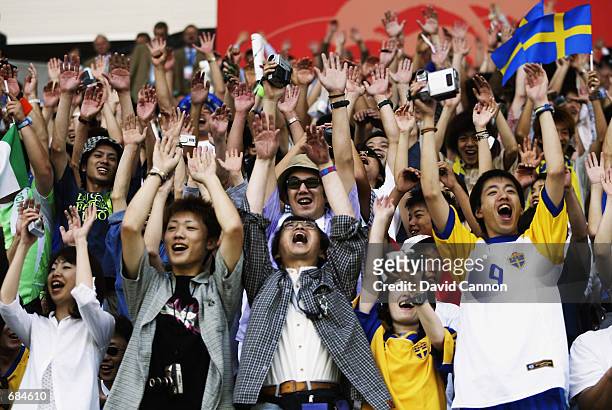Sweden fans during the FIFA World Cup Finals 2002 Group F match between Sweden and Nigeria played at the Kobe Wing Stadium, in Kobe, Japan on June 7,...