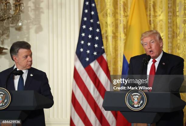 President Donald Trump delivers remarks during a joint news conference with Colombian President Juan Manuel Santos at the White House May 18, 2017 in...