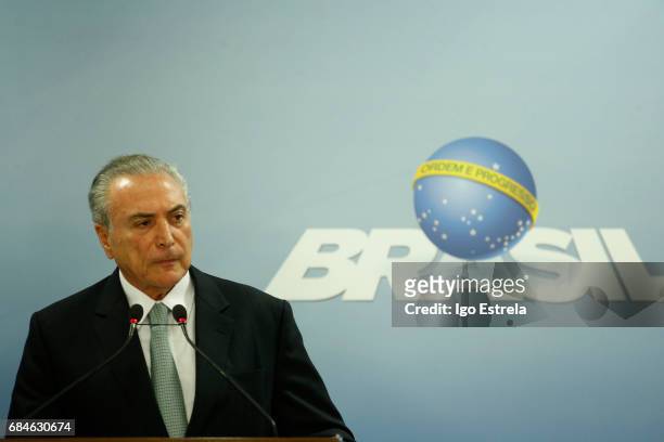 President Michel Temer delivers a statement on May 18, 2017 in Brasilia, Brazil. The statements follow the release of a recording of Temer allegedly...