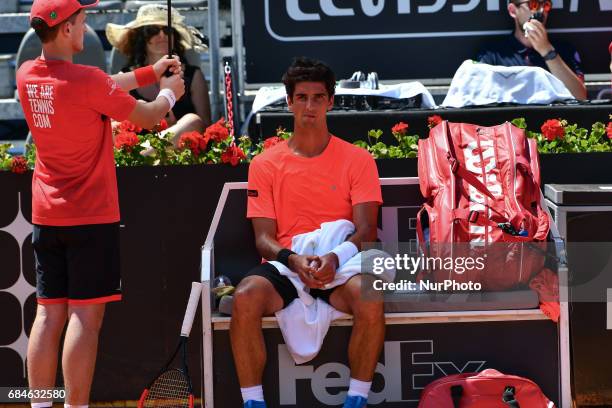 Thomaz Bellucci reacts during his match against David Goffin - Internazionali BNL d'Italia 2017 on May 15, 2017 in Rome, Italy.