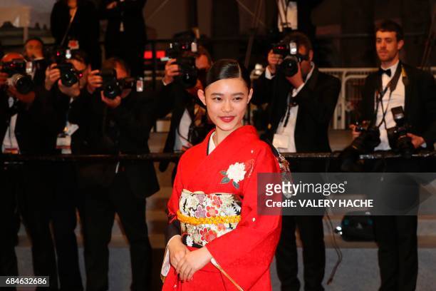 Japanese actress Hanna Sugisaki poses on May 18, 2017 as she arrives for the screening of the film 'Blade of the Immortal' at the 70th edition of the...