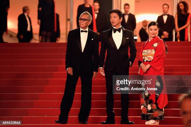 Director Takashi Miike, Takuya Kimura and Hana Sugisaki attend the "Blade Of The Immortal " premiere during the 70th annual Cannes Film Festival at...