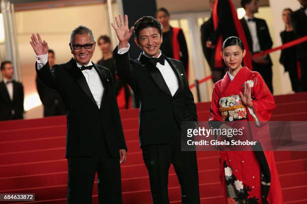 Director Takashi Miike, Takuya Kimura and Hana Sugisaki attend the "Blade Of The Immortal " premiere during the 70th annual Cannes Film Festival at...