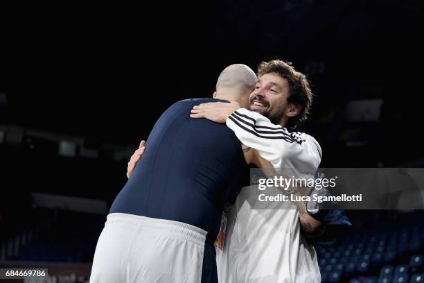 Sergio Llull, #23 of Real Madrid greetings Pero Antic, #12 of Fenerbahce Istanbul at the end of 2017 Turkish Airlines EuroLeague Final Four Real...