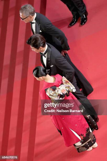 Director Takashi Miike, Takuya Kimura and Hana Sugisaki attend the "Blade Of The Immortal " premiere during the 70th annual Cannes Film Festival at...