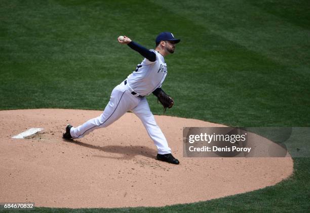 Jarred Cosart of the San Diego Padres pitches during the first inning of a baseball game against the Milwaukee Brewers at PETCO Park on May 18, 2017...