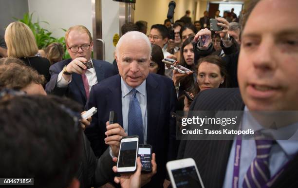 Sen. John McCain speaks to the media after the closed briefing May 18, 2017 on Capitol Hill in Washington, DC. Rosenstein participated in a closed...