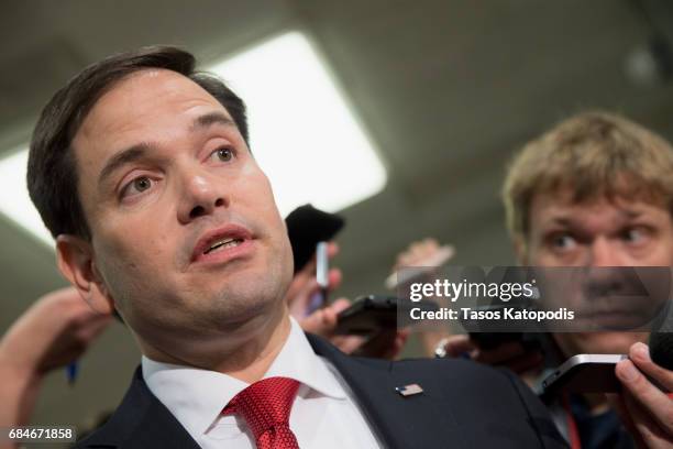 Sen. Marco Rubio speaks to the media after the closed briefing May 18, 2017 on Capitol Hill in Washington, DC. Rosenstein participated in a closed...