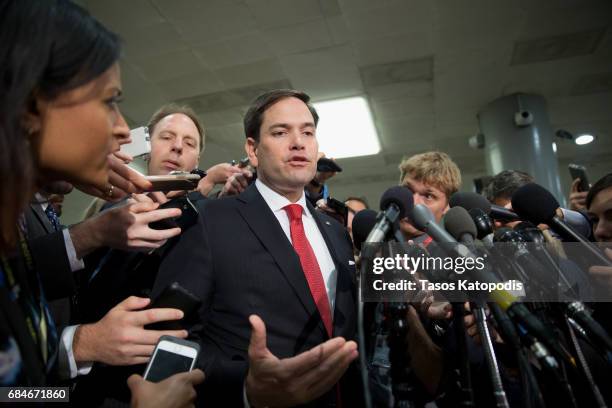 Sen. Marco Rubio speaks to the media after the closed briefing May 18, 2017 on Capitol Hill in Washington, DC. Rosenstein participated in a closed...