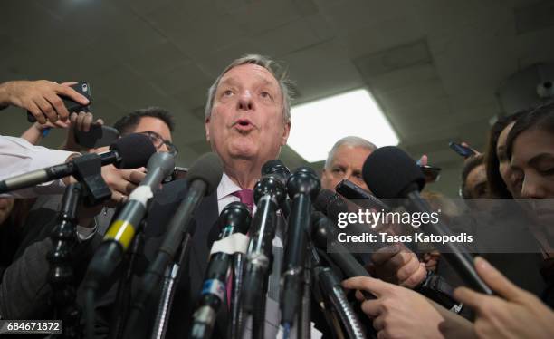 Sen Dick Durbin speaks to the media after the closed briefing May 18, 2017 on Capitol Hill in Washington, DC. Rosenstein participated in a closed...