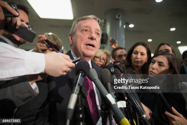 Sen Dick Durbin speaks to the media after the closed briefing May 18, 2017 on Capitol Hill in Washington, DC. Rosenstein participated in a closed...