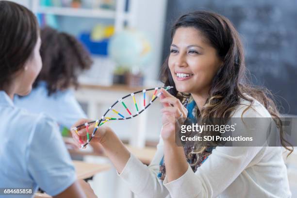 confident educator teaches student about dna - preteen model stock pictures, royalty-free photos & images