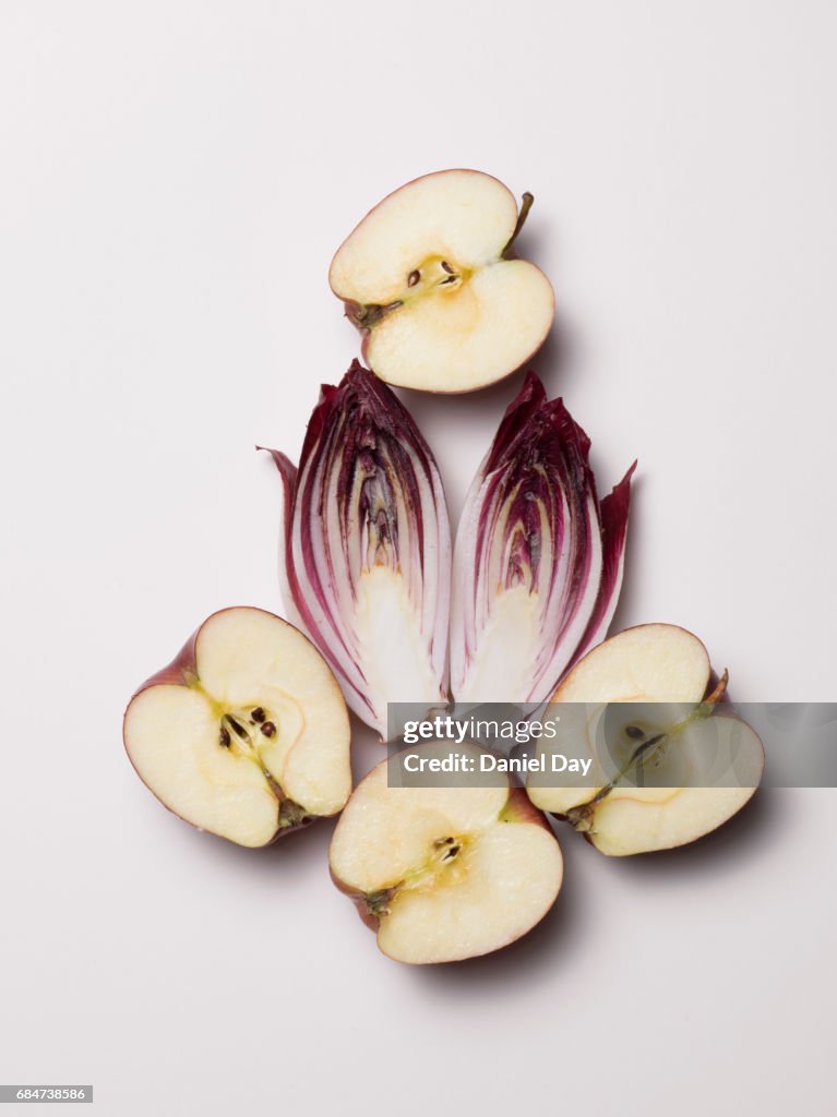 High angle view of apples sliced open and a cross section of an endive to form a pattern on a white background