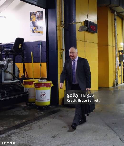 Head coach Randy Carlyle of the Anaheim Ducks arrives for the game against the Nashville Predators in Game Four of the Western Conference Final...