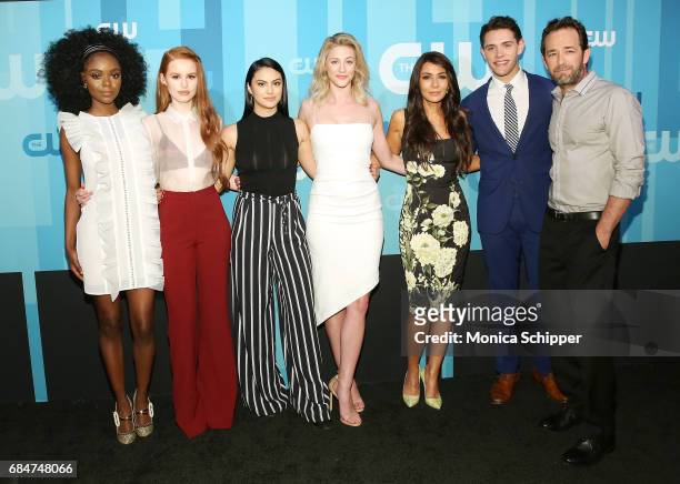 Ashleigh Murray, Madelaine Petsch, Camila Mendes, Lili Reinhart, Marisol Nichols, Casey Cott and Luke Perry attend the 2017 CW Upfront on May 18,...
