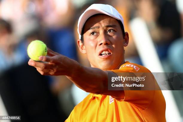 Kei Nishikori of Japan in action during the men's third round match against Juan Martin Del Potro of Argentina on Day Five of the Internazionali BNL...