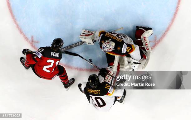 Philipp Grubauer of Germany saves an attempt at goal during the 2017 IIHF Ice Hockey World Championship quarter final game between Canada and Germany...