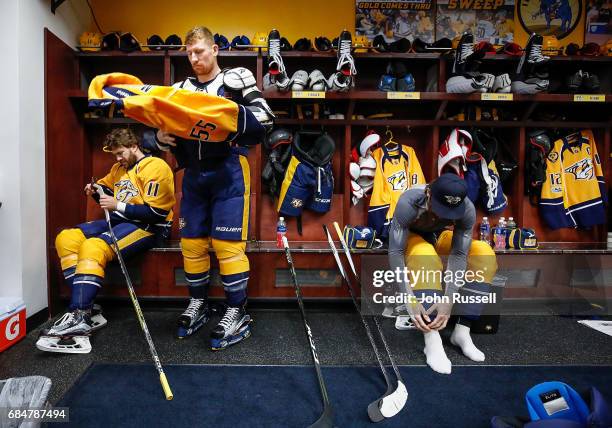Cody McLeod, PA Parenteau and James Neal of the Nashville Predators prepare to take the ice in Game Four of the Western Conference Final against the...