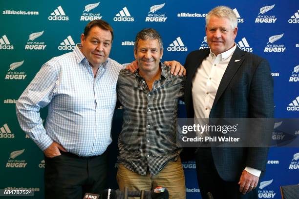 All Black assistant coach Wayne Smith poses after announcing his retirement with Steve Hansen and NZR CEO Steve Tew during a New Zealand Rugby Union...