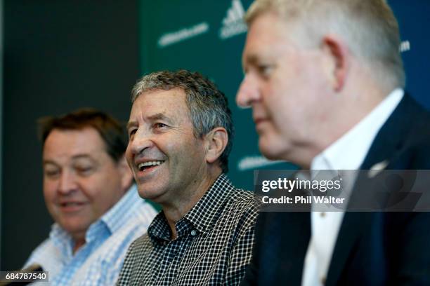 All Black assistant coach Wayne Smith announces his retirement as he speaks to the media alongside Steve Hansen and NZR CEO Steve Tew during a New...