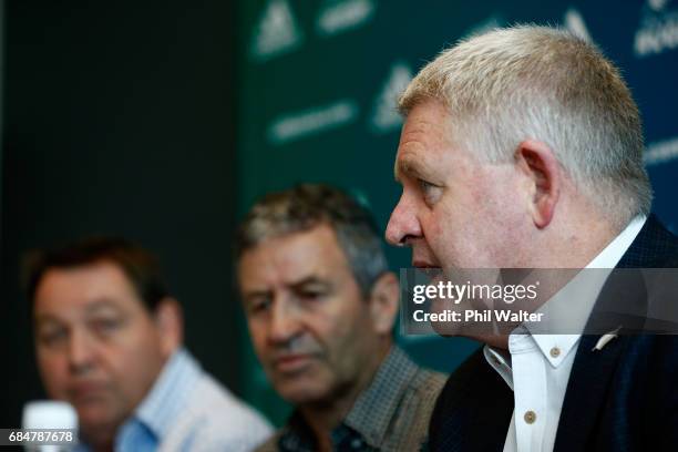 All Black assistant coach Wayne Smith announces his retirement as he speaks to the media alongside Steve Hansen and NZR CEO Steve Tew during a New...