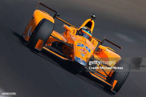 Fernando Alonso is seen during practice for the Indianapolis 500 at Indianapolis Motor Speedway on May 18, 2017 in Indianapolis, In.