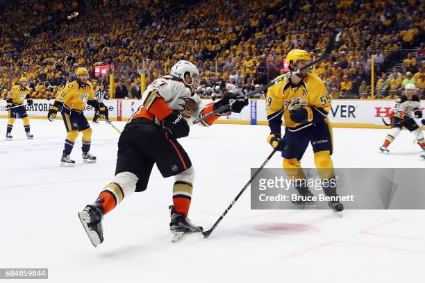 Nick Ritchie of the Anaheim Ducks scores a goal against Pekka Rinne of the Nashville Predators during the second period in Game Four of the Western...