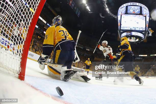 Chris Wagner of the Anaheim Ducks celebrates as Nick Ritchie of the Anaheim Ducks , scores a goal against Pekka Rinne of the Nashville Predators...