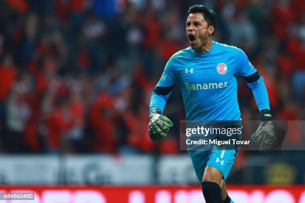 Alfredo Talavera goalkeeper of Toluca celebrate after his team scored during the semifinals first leg match between Toluca and Chivas as part of the...