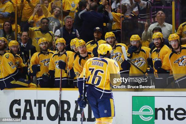 Subban of the Nashville Predators celebrates with teammates after scoring a goal during the third period against John Gibson of the Anaheim Ducks in...