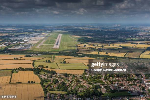 An aerial view of the town of Kegworth on the final approach to East Midlands Airport in Leicestershire. August 06, 2016