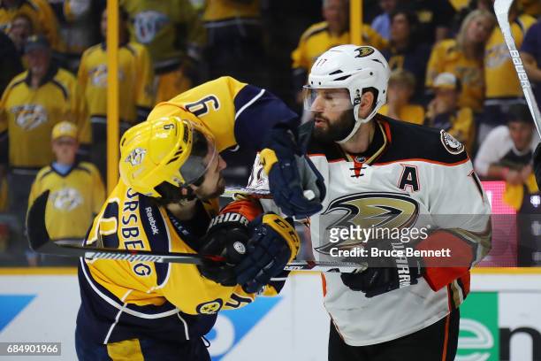 Filip Forsberg of the Nashville Predators tangles with Ryan Kesler of the Anaheim Ducks during the third period in Game Four of the Western...